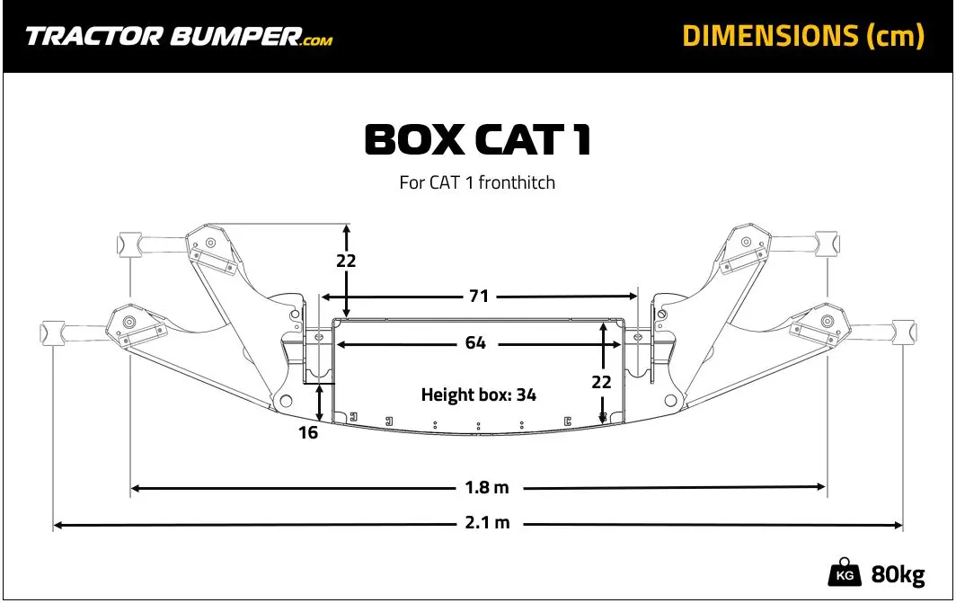 Line drawing of Box CAT 1 bumper with labeled dimensions in centimeters, total width 2.1m, weight 80kg
