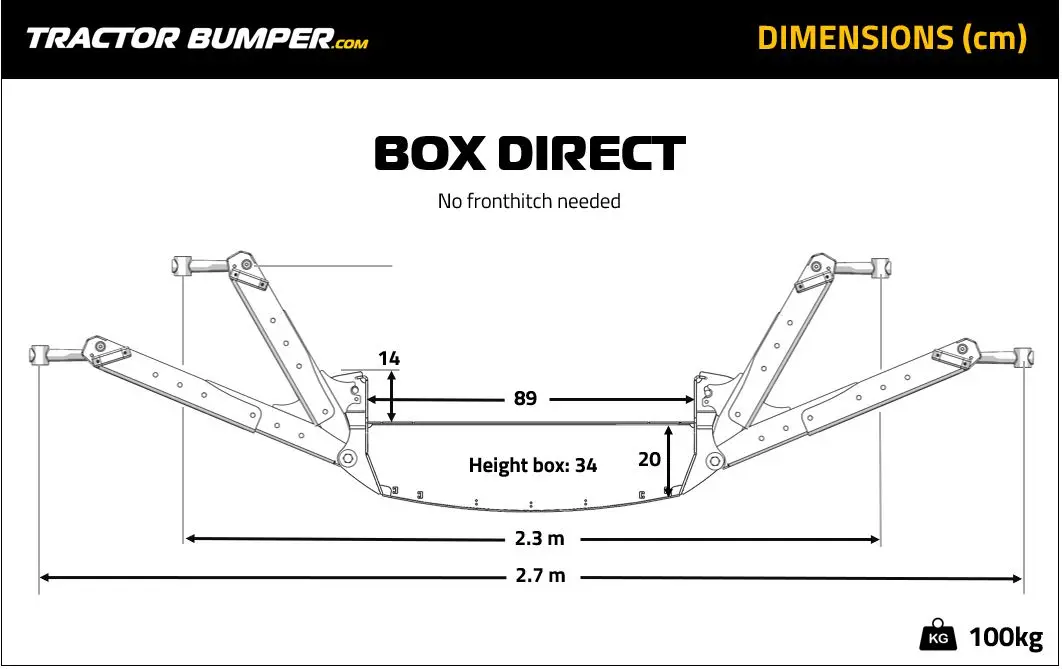 Technical line drawing of Box 50L without front linkage with labeled dimensions and 100kg weight icon