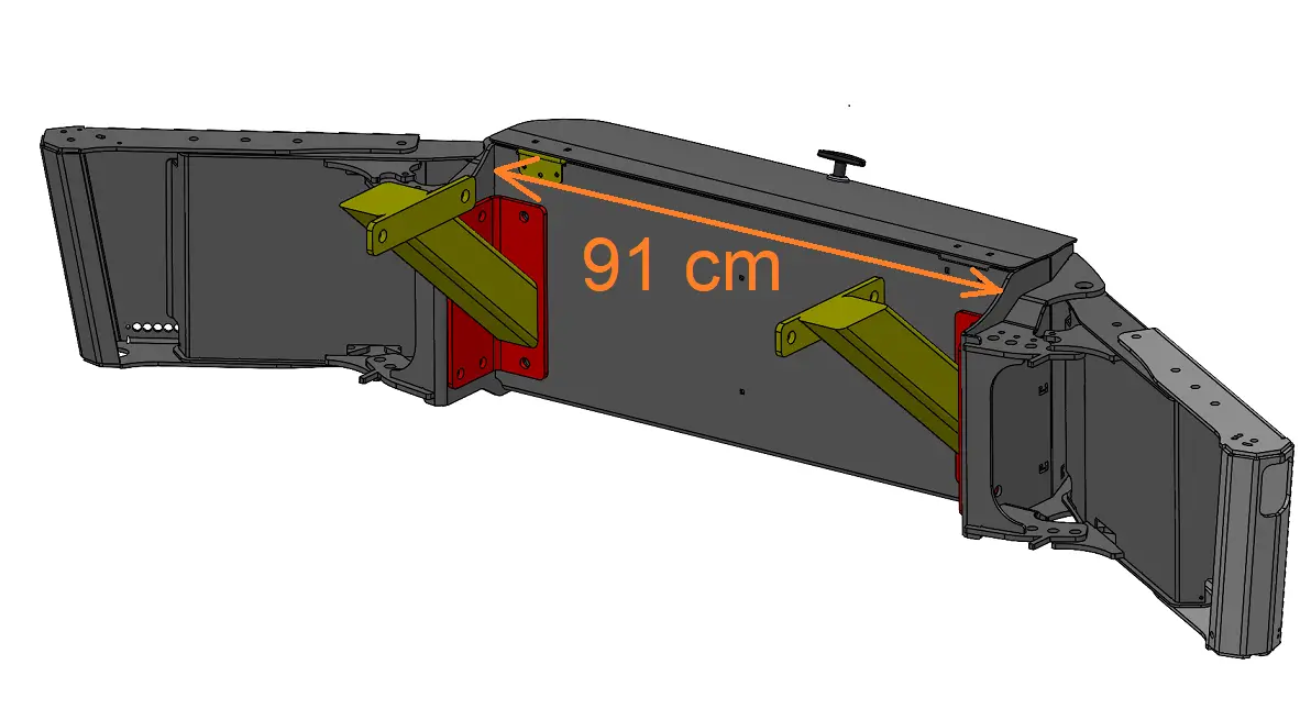 Box 50L without front linkage showing mounting arms and a labeled width of 91 cm in orange text and arrows