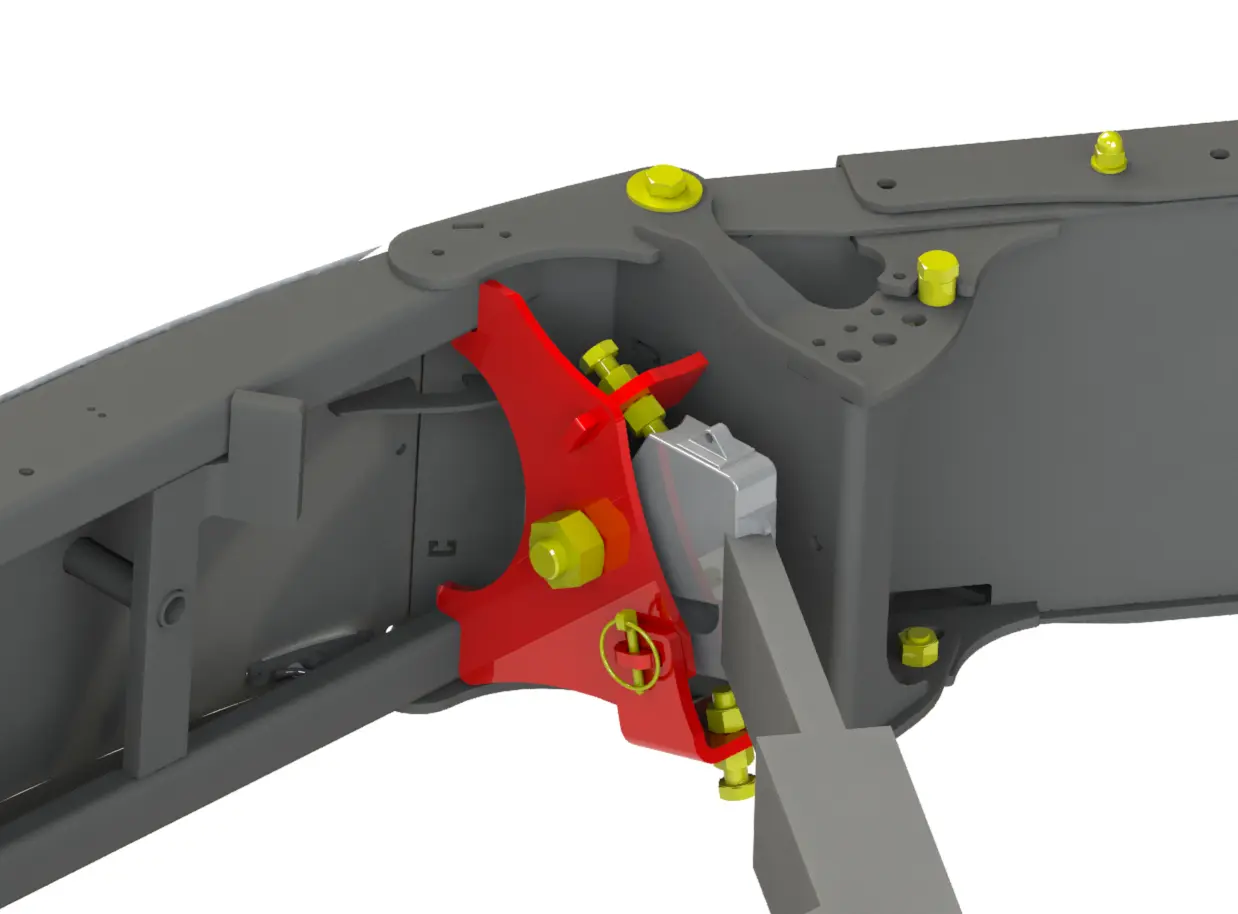 Close-up of a Connect Direct front weight bumper linkage system with red and gray metal parts and yellow bolts