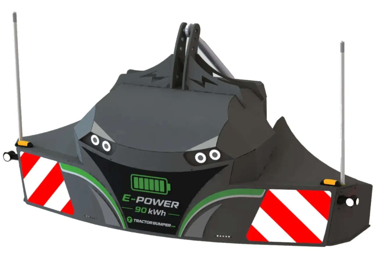 E-Power front tractor bumper with 90 kWh marking, reflective stripes, warning lights, and upright guide poles