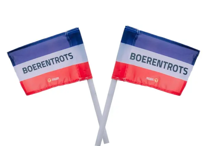 Two Boerentrots protest flags with blue, white and red stripes on crossed white poles