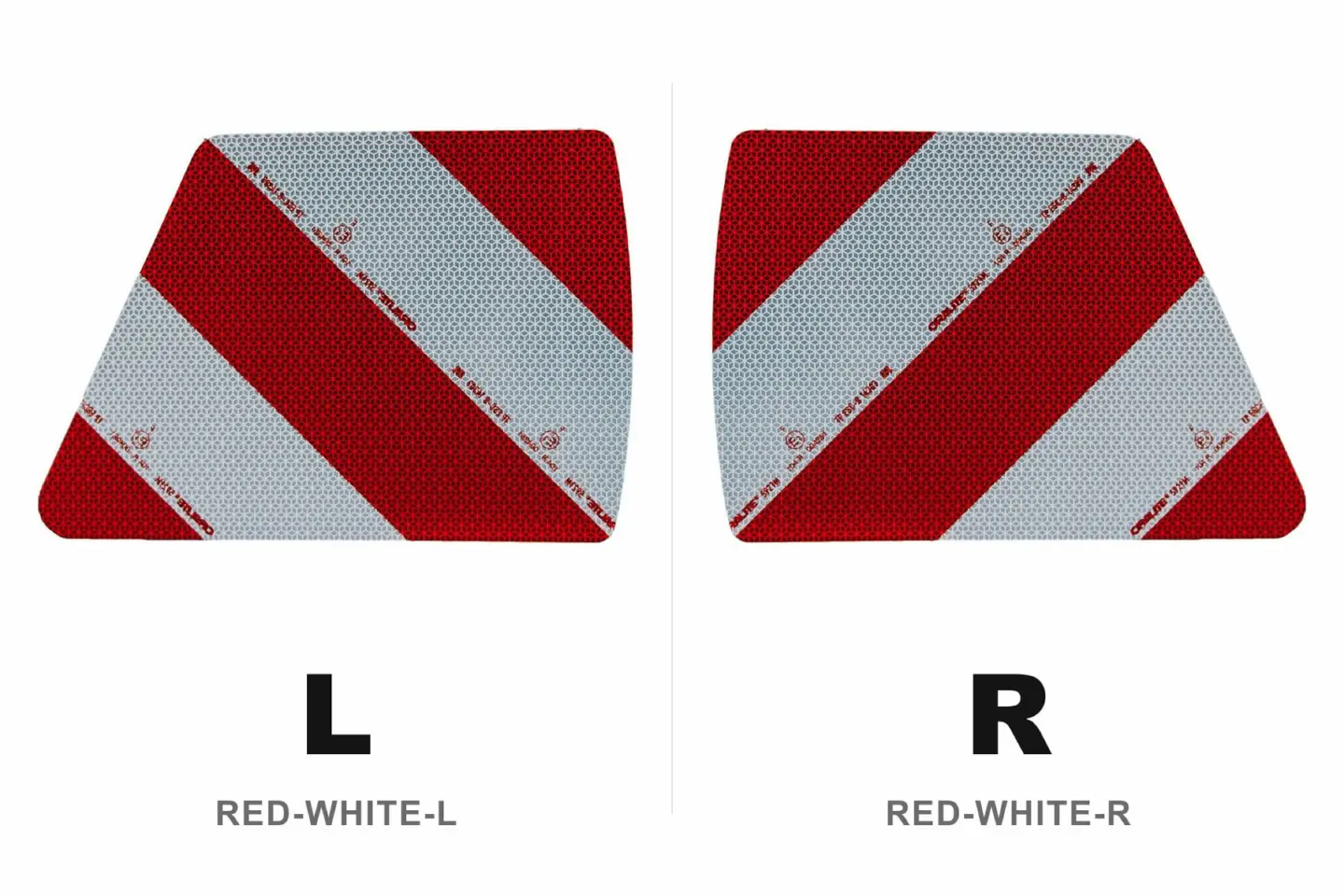 Two red-white warning stickers, left and right variants, each with diagonal stripes and labeled L and R underneath
